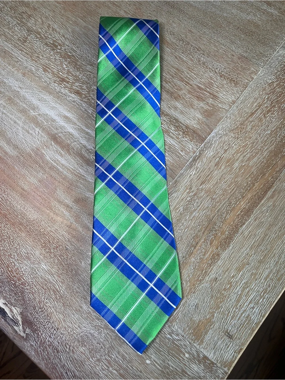 Tommy Hilfiger Green, Blue & White Plaid Silk Tie